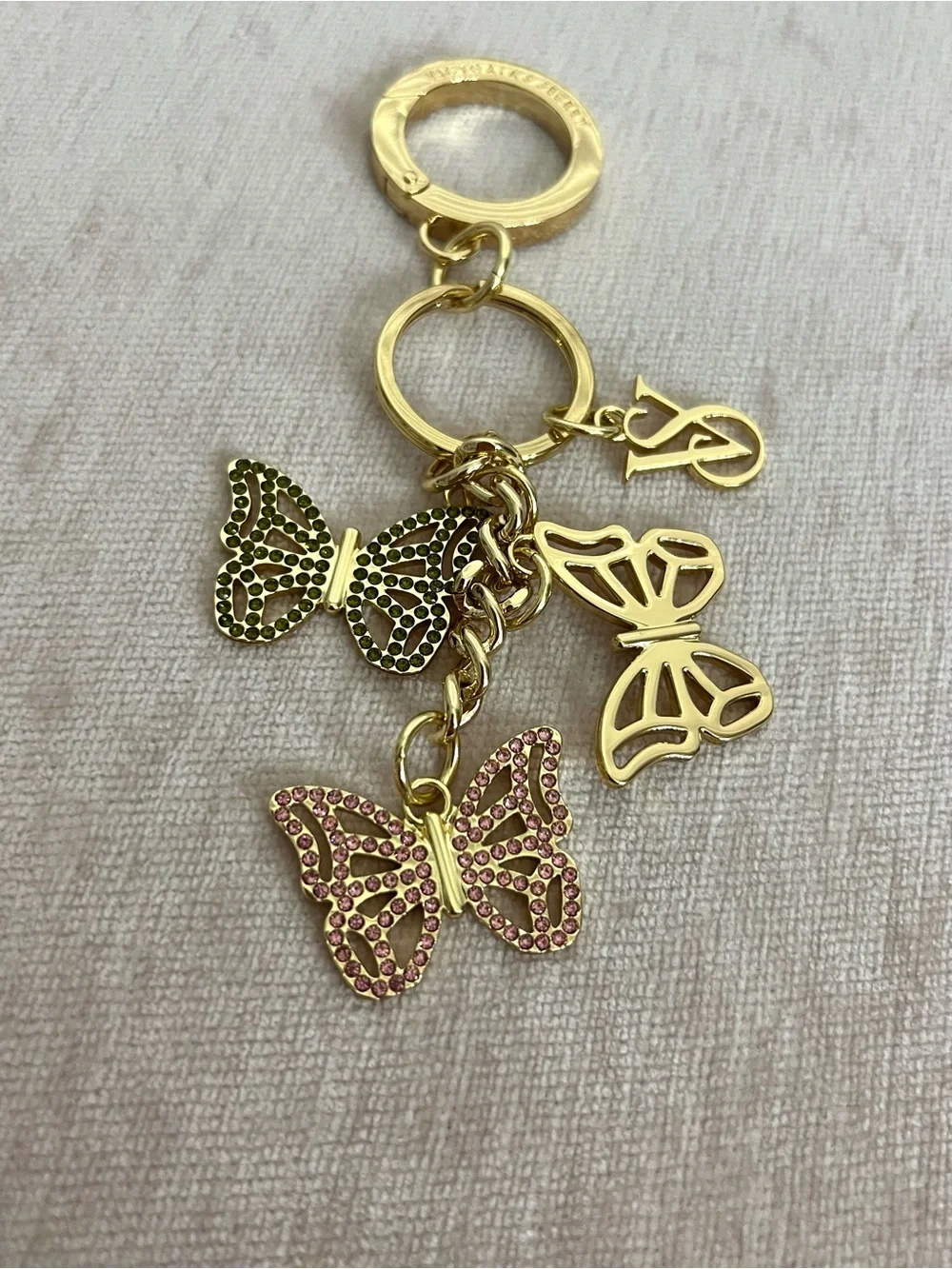 Victoria’s Secret Gold Butterfly Charm Keychain with Pink & Green Accents